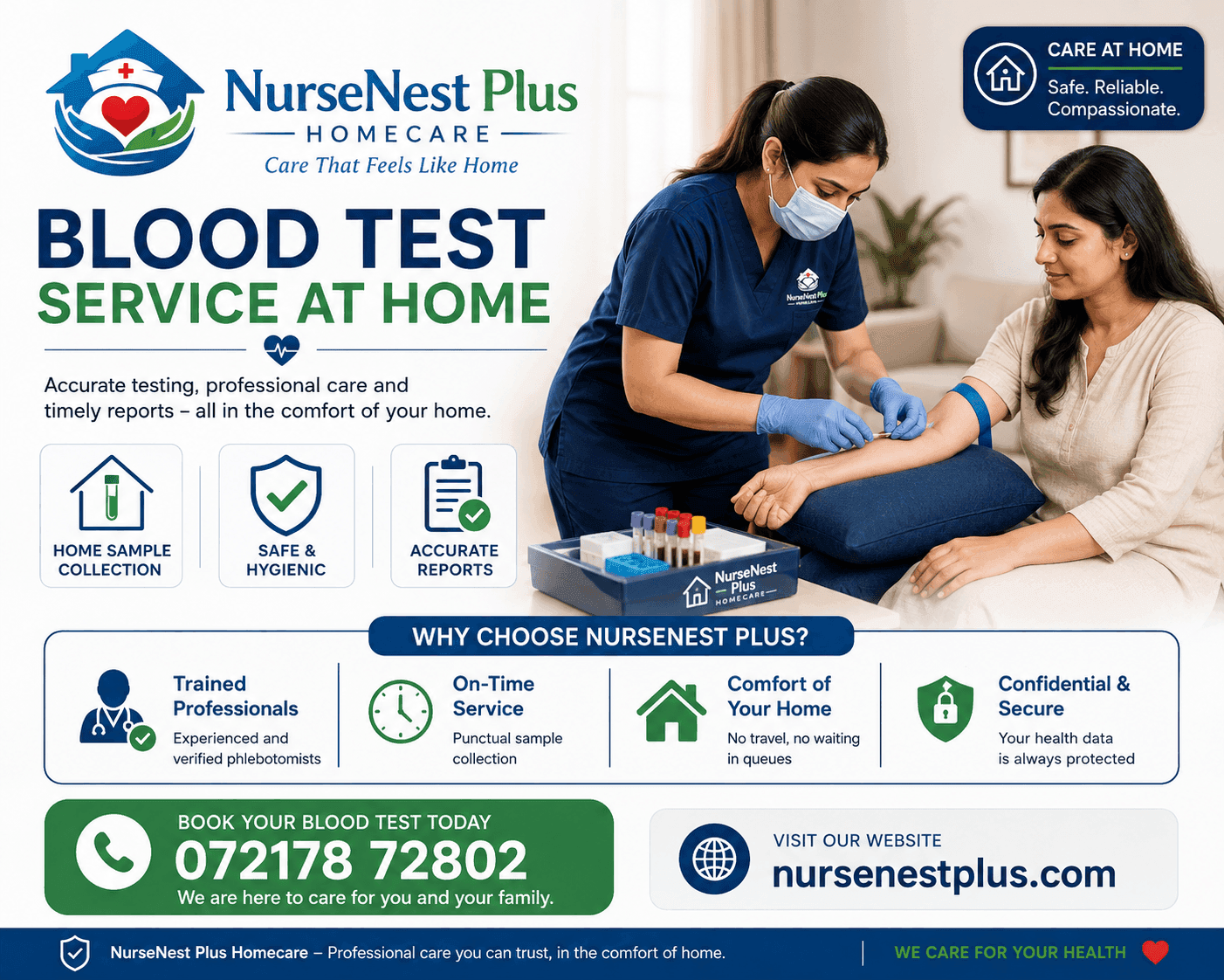 Blood test service at home in Bangalore — a NurseNest Plus nurse collecting a blood sample from a patient at home, with home sample collection, safe and hygienic technique and accurate reports