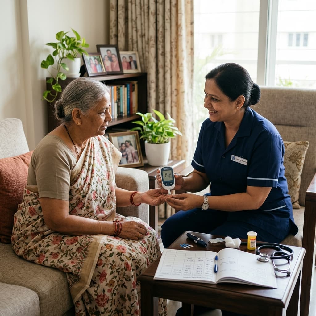 Chronic disease management at home - diabetes monitoring and blood pressure checks by professional nurse in Bangalore