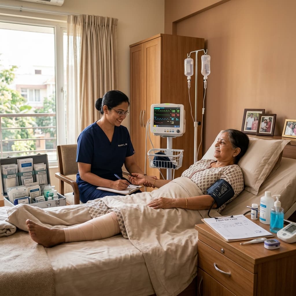 Professional post-operative nursing care at home in Bangalore - wound dressing and recovery monitoring by Nurse Nest Plus