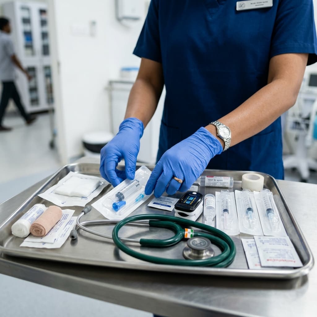 Hospital-grade medical equipment and supplies used by Nurse Nest Plus for professional home healthcare in Bangalore